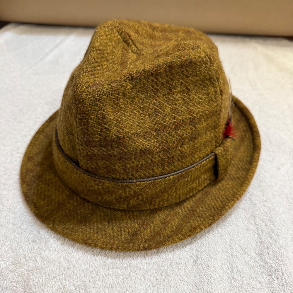 Vintage Dobbs Wool Tweed Fedora Hat Olive Green Trilby with Feather Detail
